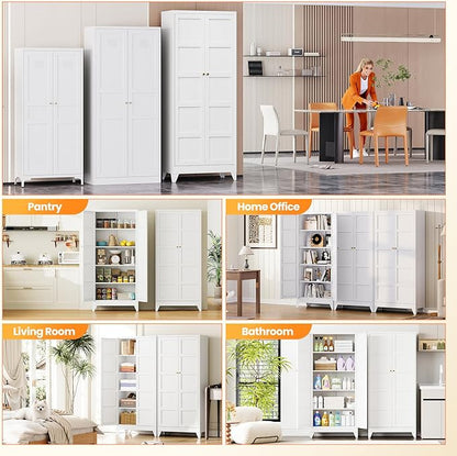 71" Tall Kitchen Cabinet Storage Unit With 2 Doors and 4 Adjustable Shelves, Metal White Freestanding Cupboard, 5 Tier Kitchen Pantry Storage Cabinet for Kitchen Dining/Living Room/Garage/Home/Office