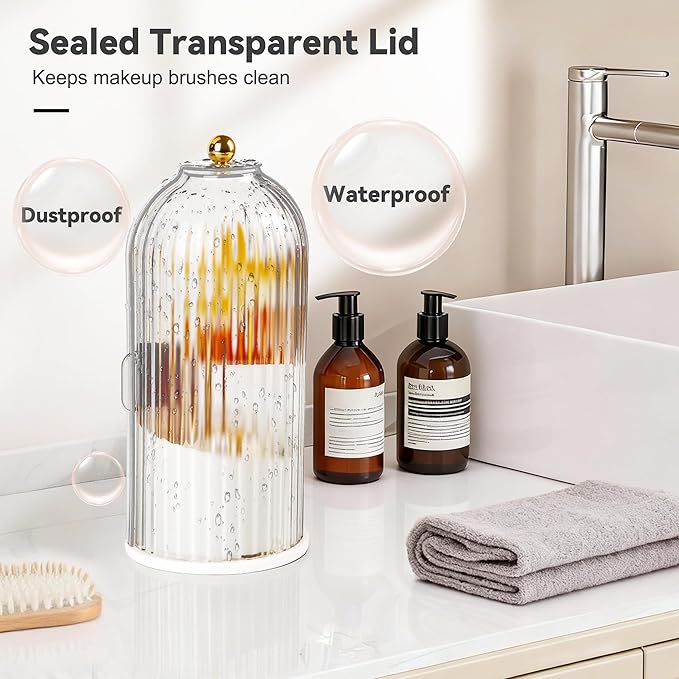 360° Rotating Makeup Brush Holder with Lid, Waterproof Three-Compartment Makeup Organizer, 180° Side-Pull Door Desk Organizer, Dustproof Brush Holder for Vanity and Bathroom (Transparent)