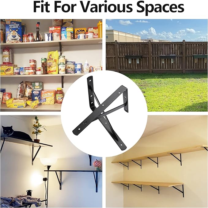Heavy Duty Shelf Brackets 12 x 8 inches, 6 Pack Black Metal Shelves Supports, Load Capacity: 600 lb, Wall Mounted Angle L Floating Shelf Bracket, Rough Texture Powder Coating, HOME MASTER HARDWARE