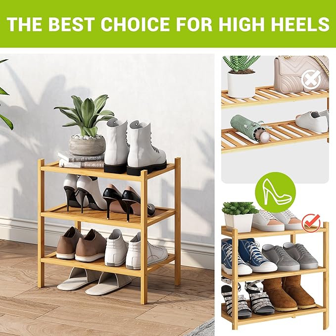 BMOSU 3-Tier Bamboo Small Shoe Rack Premium Stackable Shoe Shelf Storage Organizer for Hallway Closet Living Room Entryway Organizer(Natural)