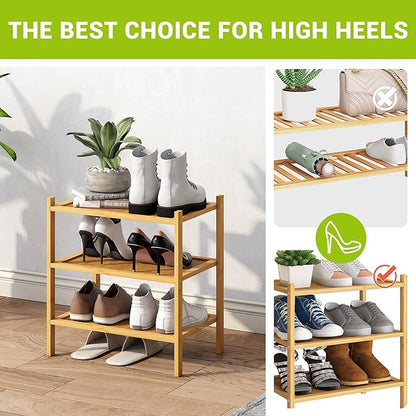 BMOSU 3-Tier Bamboo Small Shoe Rack Premium Stackable Shoe Shelf Storage Organizer for Hallway Closet Living Room Entryway Organizer(Natural)