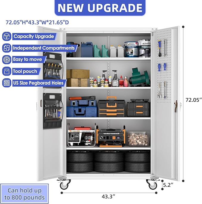 Extra Deep & Wide Metal Garage Storage Cabinet with Wheels, Magnetic Doors & Pegboard, 72" Tall Rolling Tool Organizer with 2 Tool Pouches & 4 Adjustable Shelves, Black, 43.3''W x 22''D x 72''H