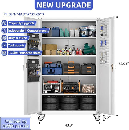 Extra Deep & Wide Metal Garage Storage Cabinet with Wheels, Magnetic Doors & Pegboard, 72" Tall Rolling Tool Organizer with 2 Tool Pouches & 4 Adjustable Shelves, Black, 43.3''W x 22''D x 72''H