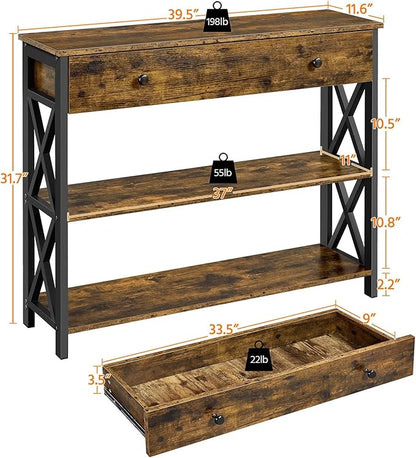 Yaheetech Console Table with Drawer, Entryway Table with 3 Tier Storage Shelves, Narrow Long Sofa Tables for Entryway, Living Room, Hallway, Couch, Kitchen, Metal Frame, Rustic Brown