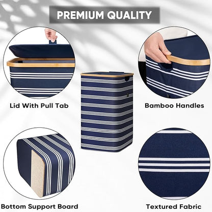 BALEINE Laundry Hamper with Lid, Tall Laundry Baskets with Bamboo Pull Handles, Large Laundry Bin with Internal Support (18 Gal/70L, Blue Pinstripe)