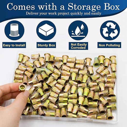 115Pcs M6 Rivet Nuts, Metric Zinc Plated Finish Carbon Steel Flat Head Threaded Insert Nutsert Kit