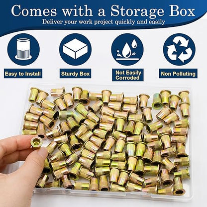 115Pcs M6 Rivet Nuts, Metric Zinc Plated Finish Carbon Steel Flat Head Threaded Insert Nutsert Kit