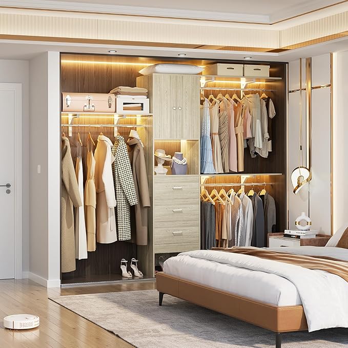Armocity 96 Inches Closet System with Doors, 8FT Walk In Closet Organizer with 3 Shelving Towers, Heavy Duty Clothes Garment Rack with 3 Wood Drawers, 96"L x 16"W x 80"H, Max Load 1000 LBS, White Oak