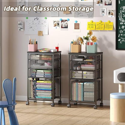 Rolling Storage Cart with Drawers, Utility Cart with Wooden Tabletop and Lockable Wheels Multifunctional Storage Organizer Craft Cart for Classroom, Bedroom, Bathroom, Office, Black