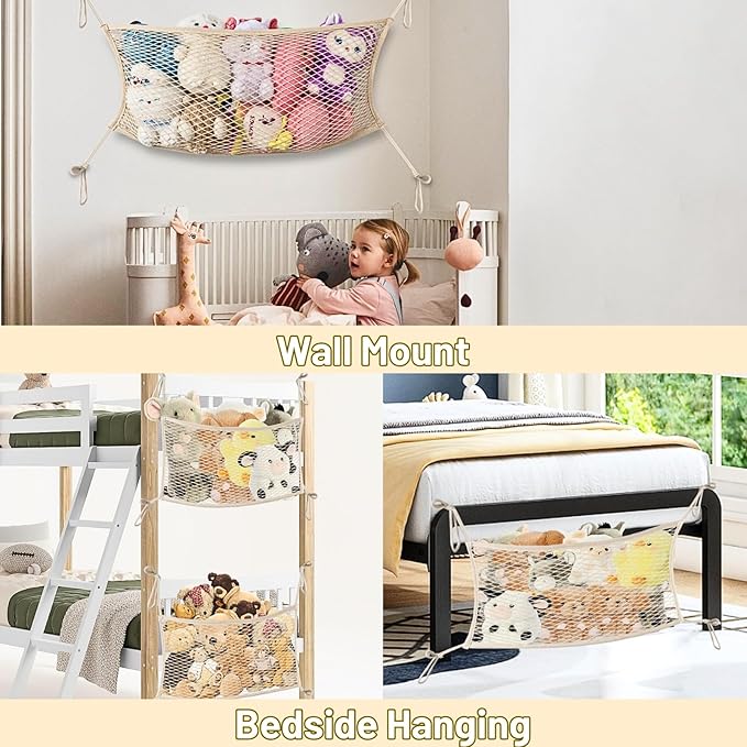 2 Pack Stuffed Animal Storage Net for Kids, Bedside Toy Organizer Net - Neatly Store Your Stuffed Animals, Cotton Bedside Stuffed Animal Storage Net with Tether, Stretches up to 35 Inches, Beige
