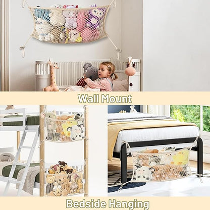 2 Pack Stuffed Animal Storage Net for Kids, Bedside Toy Organizer Net - Neatly Store Your Stuffed Animals, Cotton Bedside Stuffed Animal Storage Net with Tether, Stretches up to 35 Inches, Beige