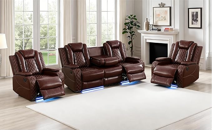 Living Room Furniture Sets, Power Recliner Sofa Set, Modern Leather Reclining Couch Furniture Set for Living Room, Includes 2 Recliner Chairs and 1 3-Seater Reclining Couch for Home and Office