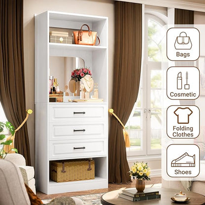 Unikito 25”Freestanding Closet System with 3 Drawers, Closets Organizer Wardrobe with Storage Shelves and Mirror, Sturdy Wood Walk-in Closet Systems for Small Closets, 25" W x 16" D x 80" H, White