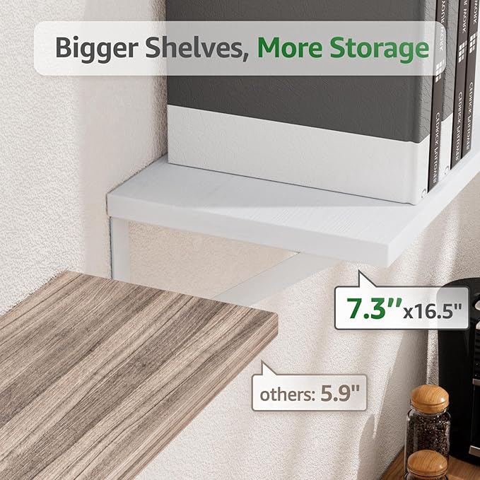 Wall Shelves 7.3" Deep Set of 2, Solid Paulownia Wood Wider Longer Sturdy Easy to Install Wall Mounted Bookshelves Storage Shelves Bathroom Storage Office Laundry Room Bedroom Organizer White