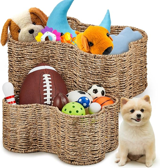 Maxcheck 2 Pcs Dog Toy Basket Bone Shaped Dog Toy Box Bin Handmade Wicker Bone Shaped Basket for Pet Storage Organizer, 2 Sizes 16. 1 x 12. 2 x 7. 1 Inch, 14. 2 x 10. 2 x 6. 3 Inch
