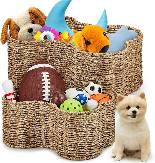 Maxcheck 2 Pcs Dog Toy Basket Bone Shaped Dog Toy Box Bin Handmade Wicker Bone Shaped Basket for Pet Storage Organizer, 2 Sizes 16. 1 x 12. 2 x 7. 1 Inch, 14. 2 x 10. 2 x 6. 3 Inch