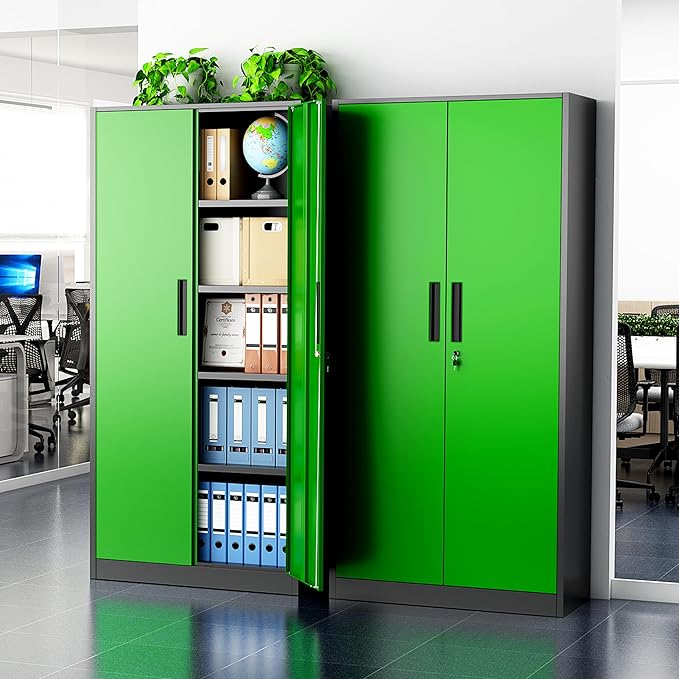 Greenvelly Metal Storage Cabinet with Doors and Shelves, 72" Inch Locking Metal Cabinet,Garage Storage Cabinet for Garage Office School Warehouse (Black Green)