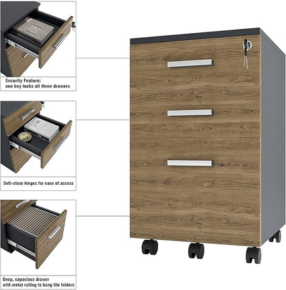 Modern Design Lazio File Cabinet, Filing Cabinets for Home Office, Drawers for Under Desk, Locking 3 Drawer Rolling Wood Filing Cabinet with Lock, Walnut and Black, by Crafts and Comfort