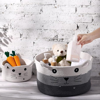 Zopeal Cat Basket Storage Woven Organizer with Ears Easter Decorative Gift Pet Toy Cute Cotton Rope Basket for Gift Cat Dog Toy Bin Nursery Room(13.7 x 7.8 Inch,White, Light Gray, Dark Gray)