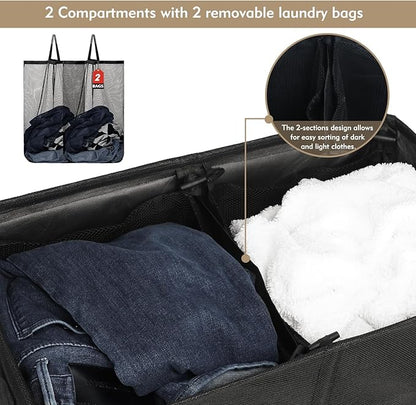 DOKEHOM 150L Double Laundry Basket with Lid and Removable Laundry Bags, Large Collapsible Laundry Hamper with 2 Sections for Bedroom, Bathroom, Laundry Room, Colloge (Black)