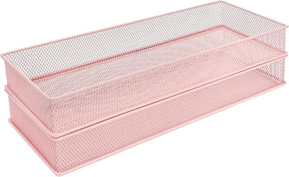 Annova Mesh Stackable Drawer Cabinet and Shelf Organizer Bins Storage Basket School Office Supply Holder Tray- Set of 2 (Light Pink, 6x15x2 Inch)