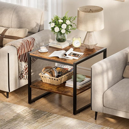 Homieasy End Table, 20 Inch Square End Table, Mini Fridge Stand with 2-Tier Storage Shelves, Industrial Wood Side Table Small Table Stand for Living Room, Bedroom, Office, Rustic Brown