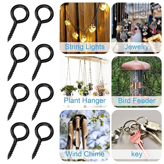 Aovchei Eye Screws, 120Pcs 0.67 Inch, Black 304 Stainless Steel Screw Hooks, Rust-Resistant Self Tapping Eyelet Bolts for Wood, Securing Cables Wires, Indoor & Outdoor for Hanging Artwork