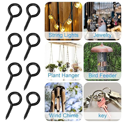 Aovchei Eye Screws, 120Pcs 0.67 Inch, Black 304 Stainless Steel Screw Hooks, Rust-Resistant Self Tapping Eyelet Bolts for Wood, Securing Cables Wires, Indoor & Outdoor for Hanging Artwork