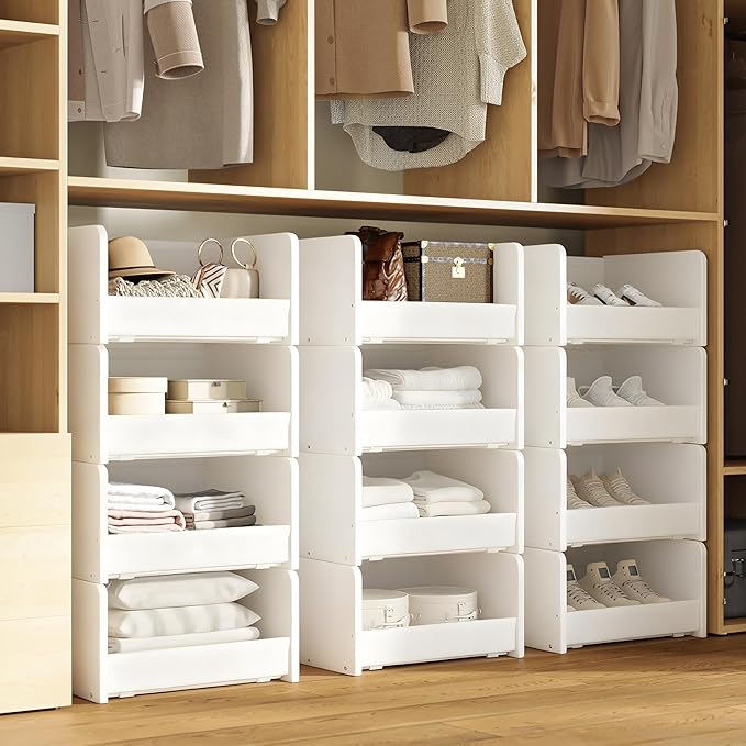 4-Tier Stackable Closet Organizer and Storage Stackable Shelves – Heavy-Duty Darwers Wood & Metal, Easy Assembly, Space-Saving Vertical Storage for Bedroom, Closet, Patent Design