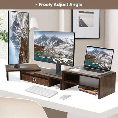 Monitor Riser for 3 Monitors, Dual Monitor Stand for Desk, Triple Monitor Stand with Drawer, Dual Monitor Stand with Storage, Extra Long Triple Monitor Riser up to 52", Angle Adjustable