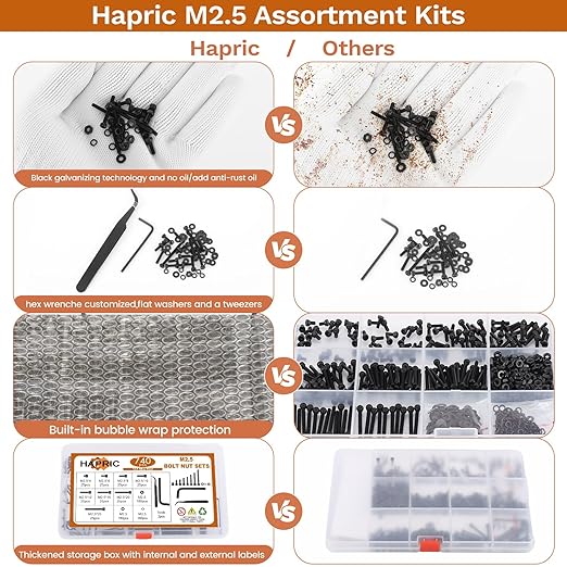 740 Pcs M2.5 Screws Kit M2.5 Screw Assortment Nuts and Bolts Assortment Kit Metric Machine Screw Kit, 12.9 Alloy Steel Black Zinc Plated Hex Socket Head Screws Nuts Bolts and Washers Set