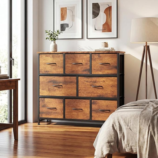 DUMOS TV Stand, Dresser with 8 Fabric Drawers, Spacious Storage Tower for Closet, TV Stand with Wood Top and Mental Frame, Storage Unit for Living Rooms, Bedroom and Entryway, Brown