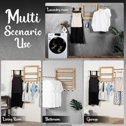 Wall Mounted Drying Rack - Clothes Drying Rack Wall Mounted for Laundry - 20 INCH - with 5 Hooks and 8 arms - 80 lbs Capacity - Natural Bamboo