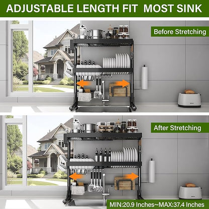 Over Sink Dish Drying Rack, 3-Tier Full Stainless Steel Drainer Dish Rack Adjustable 20.9''-37.4'', Expandable Multifunctional Kitchen Organizer