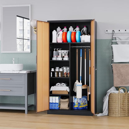 Broom Closet Storage Cabinet with Lock, Metal Garage Storage Cabinet with Doors and Shelves, Steel Wardrobe Cabinet with Hanging Rod, Utility Cabinets Closet for Kitchen, Office, Shop, Warehouse