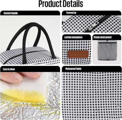 Lunch Bag Women/Men Lunch Box Women/Men (Black+White Grid)