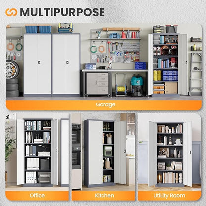 Metal Garage Storage Cabinets with Lock, 72" Tall Tool Cabinet with 2 Door and 4 Adjustable Shelves, Locking Garage Cabinets and Lockable Steel Locker for Home Office Warehouse-(Gray White-72”H)