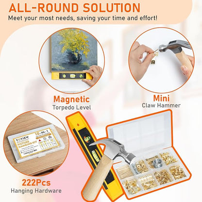 Picture Hanging Kit, 224pcs Hanging Hardware with Hooks, Wire, Nails, D Rings, Photo Sawtooth Hangers, Ring Hooks, Wall Art Frame Hanging Kit with Yellow Magnetic Level and Small Claw Hammer