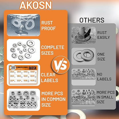 Stainless Steel Flat Washers Assortment Kit, SAE 304, 300-Piece Metal Screw Washers Set for Bolts, 8 Sizes #6; #10; #12; 1/4"; 5/16"; 3/8"; 1/2"