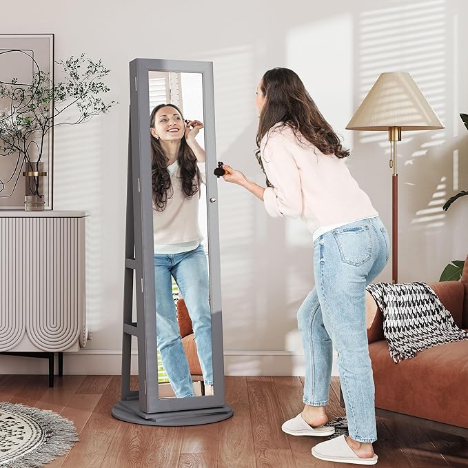 HOMCOM 360° Swivel Jewelry Cabinet, Lockable Jewelry Armoire Organizer with Full-Length Mirror, Back Storage Shelves, Interior Small Mirror, for Bedroom Living Room, Gray