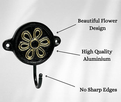 Aluminium Flower Print (1-Pack) Single Wall Hooks, Black Themed Hooks for Hanging Leash-Wall Mount Hanger, Organization Decorative Wall Hook (Flower)
