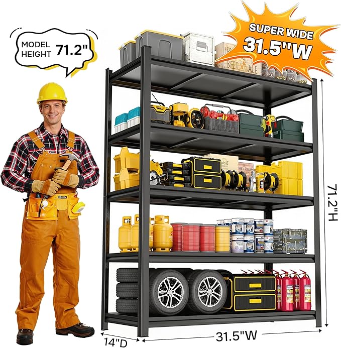 5 Tier Garage Shelving Heavy Duty, 2500LBS Capacity, Adjustable Metal Storage Rack, Standing Shelf Units for Garage, Basement, Workshop, 31.5" W X 14" D X 71.2" H