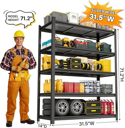 5 Tier Garage Shelving Heavy Duty, 2500LBS Capacity, Adjustable Metal Storage Rack, Standing Shelf Units for Garage, Basement, Workshop, 31.5" W X 14" D X 71.2" H