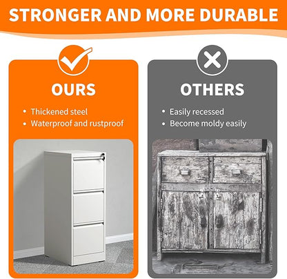 3 Drawer File Cabinet with Lock,White Metal Filing Cabinets Heavy Duty Locking Vertical File Cabinet Home Office Steel Storage Cabinet for Legal/Letter Size File,Assembly Required