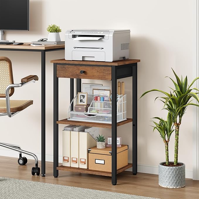 Printer Stand with Storage Drawer, 3-Tier Under Desk Printer Table, End Table for Home Office, Living Room, Bedroom, Brown