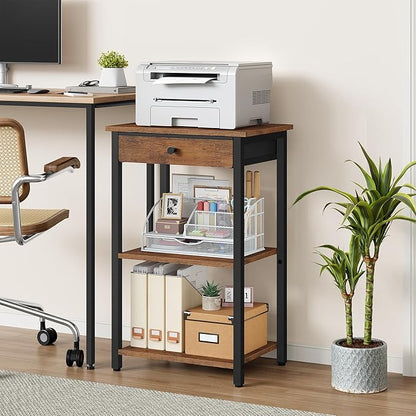 Printer Stand with Storage Drawer, 3-Tier Under Desk Printer Table, End Table for Home Office, Living Room, Bedroom, Brown