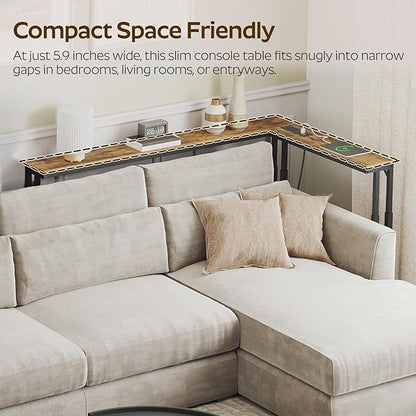 78.7" Narrow Console Table with Adjustable Height (27.6"-35.4"), L Shaped Sofa Table Narrow Long, Skinny Behind Couch Table with USB-C Ports, 5.9" Wide Sofa Side Table, Rustic Brown CT29UBR