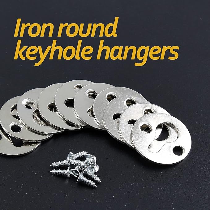 Piutouyar 48Pcs Round Keyhole Hangers, Picture Frame Shelf Keyhole Bracket Metal Keyhole Hanger Fasteners with Screws (Silver)