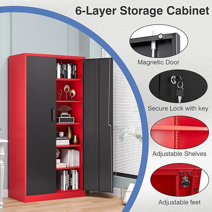 Metal Storage Cabinet with Lock,71 Inch Garage Cabinet with 2 Doors and 5 Adjustable Shelves,Steel Storage Cabinets for Garage,Home Office,Pantry,School(Red & Black)