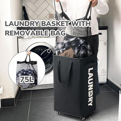 CHICVITA 75L Slim Laundry Hamper with Wheels and Removable Wash Bag, Black Rolling Basket with Handle for Laundry Room